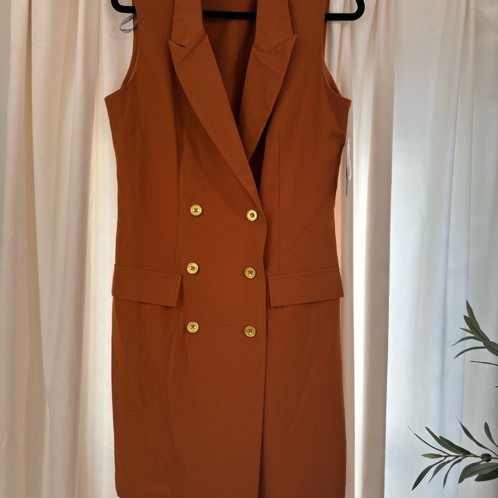 Rust Double-Breasted Sleeveless Blazer Dress